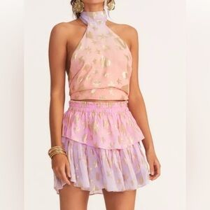 LoveShackFancy Pastel Pink and Gold Mini Skirt